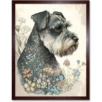 Artery8 Wall Art Print Grey Schnauzer Dog & Spring Flowers Boho Portrait Watercolour Art Framed in Brown | Size: W12" x H16"