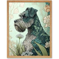 Artery8 Wall Art Print Grey Schnauzer Dog with Floral Pattern Fur Coat in Flowers Modern Watercolour Art Framed in Light Oak | Size: W12" x H16"