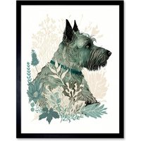 Artery8 Wall Art Print Scottish Terrier Dog Lying in Flower Field Modern Teal Tan Art Framed in Black | Size: W12" x H16"