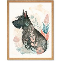 Artery8 Wall Art Print Scottish Terrier Dog in Flower Field Bright Modern Multicoloured Watercolour Art Framed in Light Oak | Size: W12" x H16"