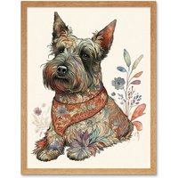 Artery8 Wall Art Print Scottish Terrier Dog with Flower Pattern Fur Coat Modern Watercolour Art Framed in Light Oak | Size: W12" x H16"