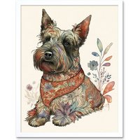 Artery8 Wall Art Print Scottish Terrier Dog with Flower Pattern Fur Coat Modern Watercolour Art Framed in White | Size: W12" x H16"