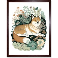 Artery8 Wall Art Print Shiba Inu Dog Lying in Flower Field Modern Stylised Art Framed in Brown | Size: W12" x H16"
