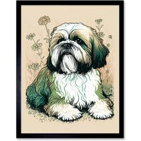 Artery8 Wall Art Print Shih Tzu Dog with Daisies Modern Multicoloured Linocut Art Framed in Black | Size: W12" x H16"