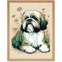 Artery8 Wall Art Print Shih Tzu Dog with Daisies Modern Multicoloured Linocut Art Framed in Light Oak | Size: W12" x H16"