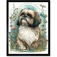 Artery8 Wall Art Print Shih Tzu Dog with Wildflowers Modern Art Nouveau Inspired Art Framed in Black | Size: W12" x H16"