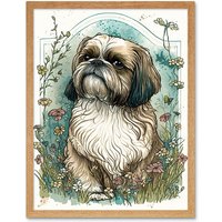 Artery8 Wall Art Print Shih Tzu Dog with Wildflowers Modern Art Nouveau Inspired Art Framed in Light Oak | Size: W12" x H16"