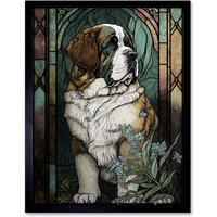 Artery8 Wall Art Print St Bernard Dog with Silvery Lupine Flowers Modern Art Nouveau Art Framed in Black | Size: W12" x H16"