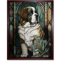 Artery8 Wall Art Print St Bernard Dog with Silvery Lupine Flowers Modern Art Nouveau Art Framed in Brown | Size: W12" x H16"