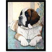 Artery8 Wall Art Print St Bernard Dog Lying by Flower Pot Modern Bright Multicoloured Art Framed in Black | Size: W12" x H16"