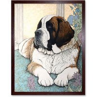 Artery8 Wall Art Print St Bernard Dog Lying by Flower Pot Modern Bright Multicoloured Art Framed in Brown | Size: W12" x H16"