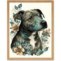 Artery8 Wall Art Print Black Staffordshire Bull Terrier & Flowers Detailed Coloured Pencil Portrait Art Framed in Light Oak | Size: W12" x H16"