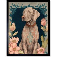 Artery8 Wall Art Print Grey Weimaraner Dog with Ornate Pattern Fur Coat & Flowers Modern Art Nouveau Art Framed in Black | Size: W12" x H16"