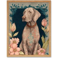 Artery8 Wall Art Print Grey Weimaraner Dog with Ornate Pattern Fur Coat & Flowers Modern Art Nouveau Art Framed in Light Oak | Size: W12" x H16"