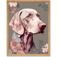 Artery8 Wall Art Print Weimaraner Dog Portrait with Flower Patterns Modern Detailed Art Framed in Light Oak | Size: W12" x H16"