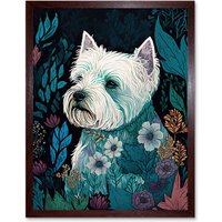 Artery8 Wall Art Print West Highland White Terrier in Flowers Dark Multicoloured Linocut Art Framed in Brown | Size: W12" x H16"