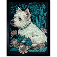 Artery8 Wall Art Print West Highland White Terrier Sitting in Flower Field Modern Dark Art Framed in Black | Size: W12" x H16"