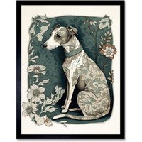 Artery8 Wall Art Print Whippet Dog with Floral Pattern Fur Coat Art Nouveau Inspired Watercolour Art Framed in Black | Size: W12" x H16"