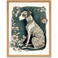 Artery8 Wall Art Print Whippet Dog with Floral Pattern Fur Coat Art Nouveau Inspired Watercolour Art Framed in Light Oak | Size: W12" x H16"