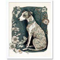 Artery8 Wall Art Print Whippet Dog with Floral Pattern Fur Coat Art Nouveau Inspired Watercolour Art Framed in White | Size: W12" x H16"