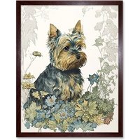 Artery8 Wall Art Print Yorkshire Terrier Dog in Wildflowers Watercolour Art Framed in Brown | Size: W12" x H16"