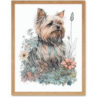 Artery8 Wall Art Print Yorkshire Terrier Dog in Wildflowers Bright Watercolour Art Framed in Light Oak | Size: W12" x H16"