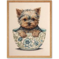 Artery8 Wall Art Print Cute Teacup Yorkshire Terrier Dog in Floral Pattern Tea Cup Watercolour Art Framed in Light Oak | Size: W12" x H16"