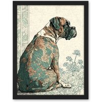 Artery8 Wall Art Print Boxer Dog with Floral Pattern Fur Coat Modern Watercolour & Ink Large Framed Wall Décor Art in Black | Size: W18" x H24"