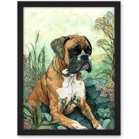 Artery8 Wall Art Print Boxer Dog in Flower Field Colourful Watercolour Large Framed Wall Décor Art in White | Size: W18" x H24"