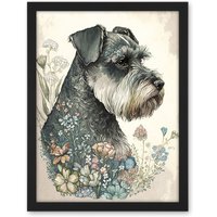 Artery8 Wall Art Print Grey Schnauzer Dog & Spring Flowers Boho Portrait Watercolour Large Framed Wall Dรฉcor Art in White | Size: W18" x H24"