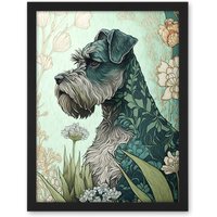 Artery8 Wall Art Print Grey Schnauzer Dog with Floral Pattern Fur Coat in Flowers Modern Watercolour Large Framed Wall Décor Art | Size: W18" x H24"