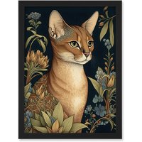 Artery8 Abyssinian Cat with Flowers Art Nouveau Modern Watercolour Illustration Artwork Framed Wall Art Print A4 in Black