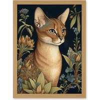 Artery8 Abyssinian Cat with Flowers Art Nouveau Modern Watercolour Illustration Artwork Framed Wall Art Print A4 in Light Oak