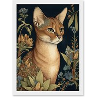 Artery8 Abyssinian Cat with Flowers Art Nouveau Modern Watercolour Illustration Artwork Framed Wall Art Print A4 in White