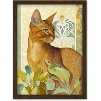 Artery8 Abyssinian Cat with Plants Art Nouveau Bright Modern Watercolour Illustration Artwork Framed Wall Art Print A4 in Brown