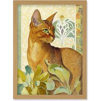 Artery8 Abyssinian Cat with Plants Art Nouveau Bright Modern Watercolour Illustration Artwork Framed Wall Art Print A4 in Light Oak