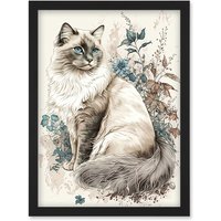 Artery8 Blue Point Ragdoll Cat with Flowers Watercolour Illustration Artwork Framed Wall Art Print A4 in Black