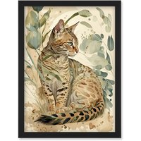 Artery8 Spotted Fur Coat Bengal Cat in Nature Pastel Watercolour Illustration Artwork Framed Wall Art Print A4 in Black