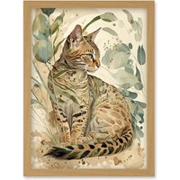 Artery8 Spotted Fur Coat Bengal Cat in Nature Pastel Watercolour Illustration Artwork Framed Wall Art Print A4 in Light Oak