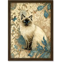 Artery8 Blue Point Ragdoll Cat with Teal Plants Art Nouveau Watercolour Illustration Artwork Framed Wall Art Print A4 in Brown