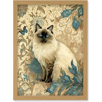 Artery8 Blue Point Ragdoll Cat with Teal Plants Art Nouveau Watercolour Illustration Artwork Framed Wall Art Print A4 in Light Oak