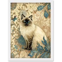 Artery8 Blue Point Ragdoll Cat with Teal Plants Art Nouveau Watercolour Illustration Artwork Framed Wall Art Print A4 in White