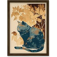 Artery8 Cat by Countryside Shrub Bush in Autumn Modern Linocut Illustration Artwork Framed Wall Art Print A4 in Brown