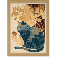 Artery8 Cat by Countryside Shrub Bush in Autumn Modern Linocut Illustration Artwork Framed Wall Art Print A4 in Light Oak