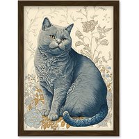 Artery8 William Morris Inspired Cat Portrait with Flowers Modern Illustration Artwork Framed Wall Art Print A4 in Brown