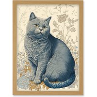Artery8 William Morris Inspired Cat Portrait with Flowers Modern Illustration Artwork Framed Wall Art Print A4 in Light Oak