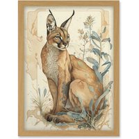 Artery8 Caracal Cat with Teal Plants Modern Pastel Watercolour Illustration Artwork Framed Wall Art Print A4 in Light Oak