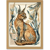 Artery8 Caracal Cat with Teal Plants Modern Art Nouveau Watercolour Illustration Artwork Framed Wall Art Print A4 in Light Oak
