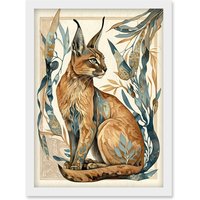 Artery8 Caracal Cat with Teal Plants Modern Art Nouveau Watercolour Illustration Artwork Framed Wall Art Print A4 in White