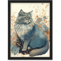 Artery8 Fluffy Cat in Wildflowers Teal & Orange Watercolour Illustration Artwork Framed Wall Art Print A4 in Black